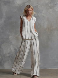 French Minimalist Black And White Vertical Stripe Loose Cotton-Linen Womens Set