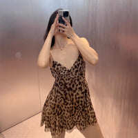 Printed V-Neck Leopard-Print Strap Short Dress For Women
