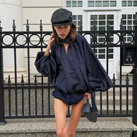 Blue Loose-fit Puffed-sleeve Shirt And Denim Shorts Set