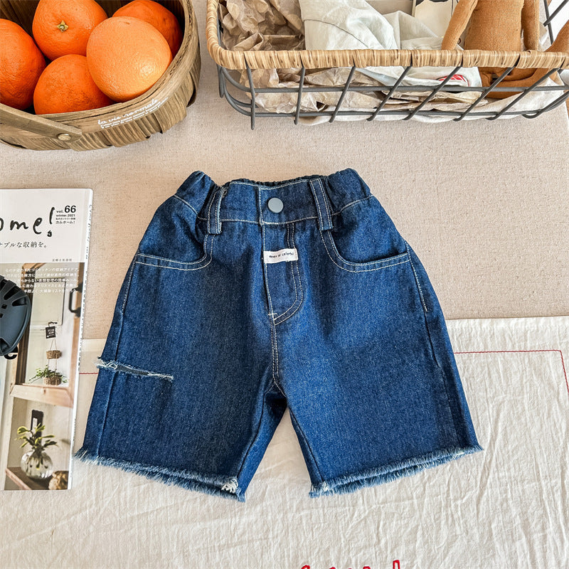 Boys And Girls Patch Raw Edge Denim Shorts