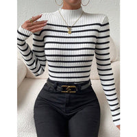 Fashion Long Sleeve Sunken Stripe Turtleneck Casual Slim Striped Sweater