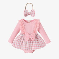 Long Sleeve Stitching Woven Style Plaid Skirt Bow Romper