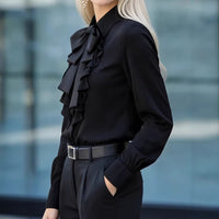 Elegant Ruffle-Trimmed Shirt With A Flowing Bow Tie For Women
