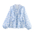 Floral Ruffled And Laminated Decoration Printed Shirt