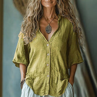 Women's Five-quarter-sleeve Single-breasted Linen Shirt
