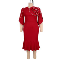 Plus-size Womens Wine-red 3D Floral Dress