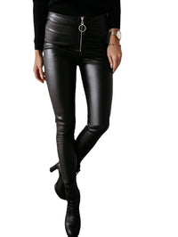 Women's Casual High Waist Zipper Pencil Leather Pants