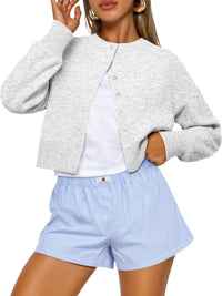 Buttoned Long-sleeve Crew-neck Solid-color Cropped Knit Sweater