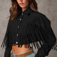 Women's Solid Color Tassel Trimmed Front Buckle Elegant Long Sleeved Jacket