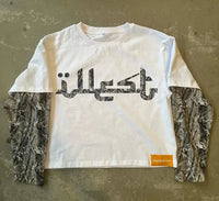 Niche Design Stitching Letter Print Round Neck Long Sleeve T-shirt