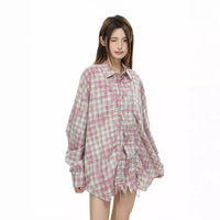 Retro Plaid Denim Collar Shirt Autumn