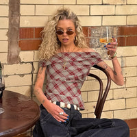 New Plaid Slanted-collar Slim-fit Figure-flattering Short-sleeve T-shirt