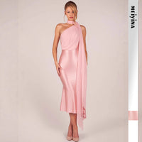 Womens Sexy Halterneck High-End Stretch Satin Hip-Hugging Dress With Flowing Ribbons