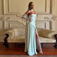 Womens Strapless Sleeveless Pleated Patchwork Bodycon Sheath Long Dress