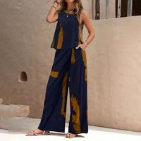 Womens Round-Neck Striped Printed Topless Top And Pants Two-Piece Set