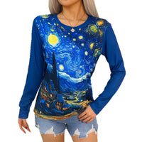 Womens Casual Versatile Loose Fitting Long Sleeve Crew Neck Top With A Starry Sky Design