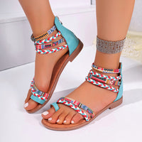 Ethnic Style Flat Sandals Summer Clip Toe Colorful Weave-straped Shoes With Back Zipper Women's Bohemian Beach Shoes