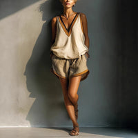 Womens Fashion Color-Block V-Neck Sleeveless Shorts Set