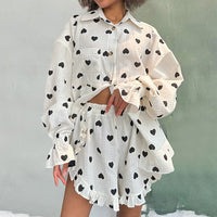 Spotted Print Long-Sleeve Shorts Loungewear Two-Piece Set