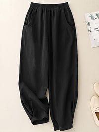 Navy Blue Cotton-Linen Ankle-Cinched Bloomer Pants For Women