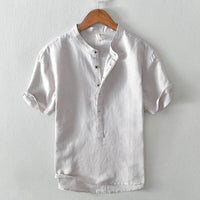 Stand Collar Pullover T-shirt Short Sleeve Men's Casual Cotton Linen Shirt
