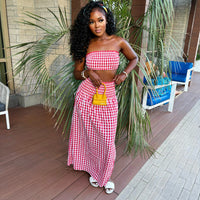 Sexy Bandeau Top And Long Skirt Set With Ruching Detail Plaid Pattern Two-Piece