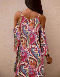 Printed V-neck Flared-sleeve Off-shoulder Sexy Camisole Dress For Women