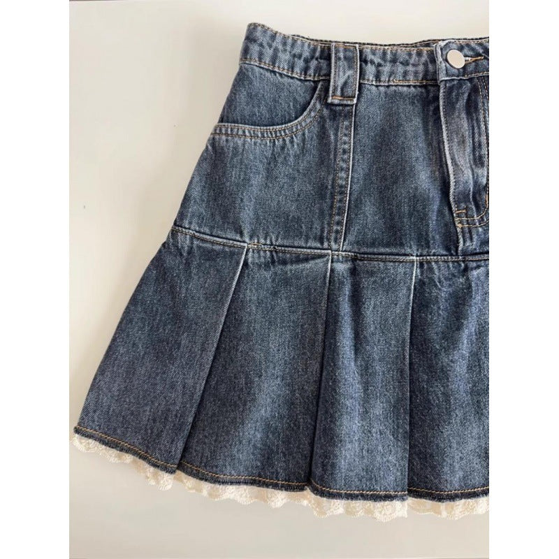 Women's Vintage Lace Pleated Denim Skirt