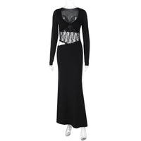 Solid-color Long-sleeve Lace-panelled Maxi Dress Sexy Hollow-out One-piece Gown