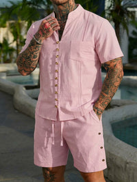 Stand-collar Solid-color Short-sleeve Shirt Set