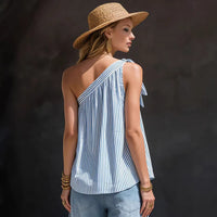 French-style Vacation-ready Striped Off-shoulder Top, Sleeveless Blouse