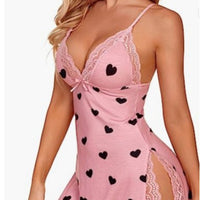 New V-neck Sweetheart-print Backless Split Slip Nightgown