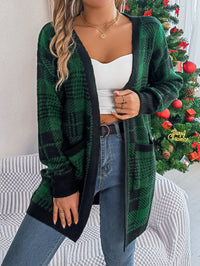 Casual Color Block Plaid Pocket Long Sleeve Cardigan Sweater Coat