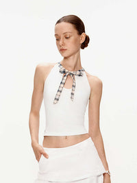 Patchwork Plaid Bow Bandage Halterneck Vest Top