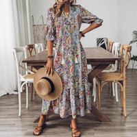 Womens Printed Casual Short-Sleeve V-Neck Tasseled Stand-Up Collar Long Dress