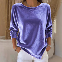 Womens Round-Neck Velvet Solid-Color Long-Sleeve Blouse