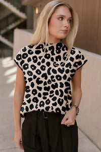 Women's Black Leopard-Print Turtleneck Short-Sleeve Sweater