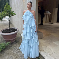 Three-dimensional Floral Halter-neck Backless Ruffled Maxi Dress