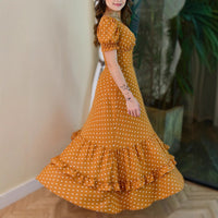 Square Neck Short Sleeve Polka Dot Print Dress