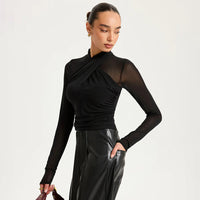 New Round-neck Cross-perspective Mesh Shirred Spliced Top