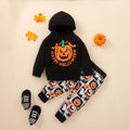 Boys Fashion Pumpkin Letters Printed Hooded Sweatshirt Pants Set