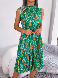 Women  Elegant Ruffle Trim Floral Print Tie Waist Pleated Dress