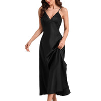 Pajamas Solid Color Faux Silk Slip Dress Backless Nightgown Loungewear