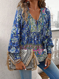 European And American Printed Shirt Women V-neck Long Sleeve Top