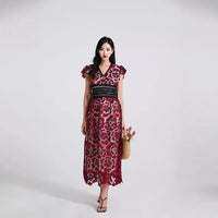 V-neck Lace Puff Sleeve Embroidered Solid Color Dress