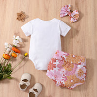 Solid Color Letter T-shirt Romper Hot Pants Suit With Headdress Flower