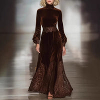 Brown Lace Long-Sleeve Slim-Fit Patchwork Maxi Dress