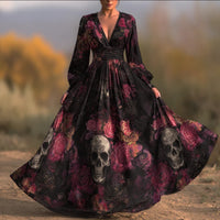 Womens V-Neck Creatively Printed Mid-Length Fairy-Like Dress