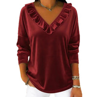 Womens Stylish Solid-Color Long-Sleeve Top With Ruffled V-Neck