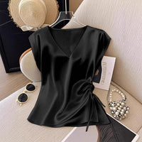 Womens Solid-Color Casual Satin V-Neck Top With Drawstring Hem